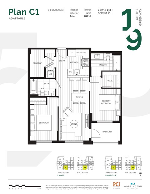 Floor plan for 2 beds, 2 baths, 840 sqft